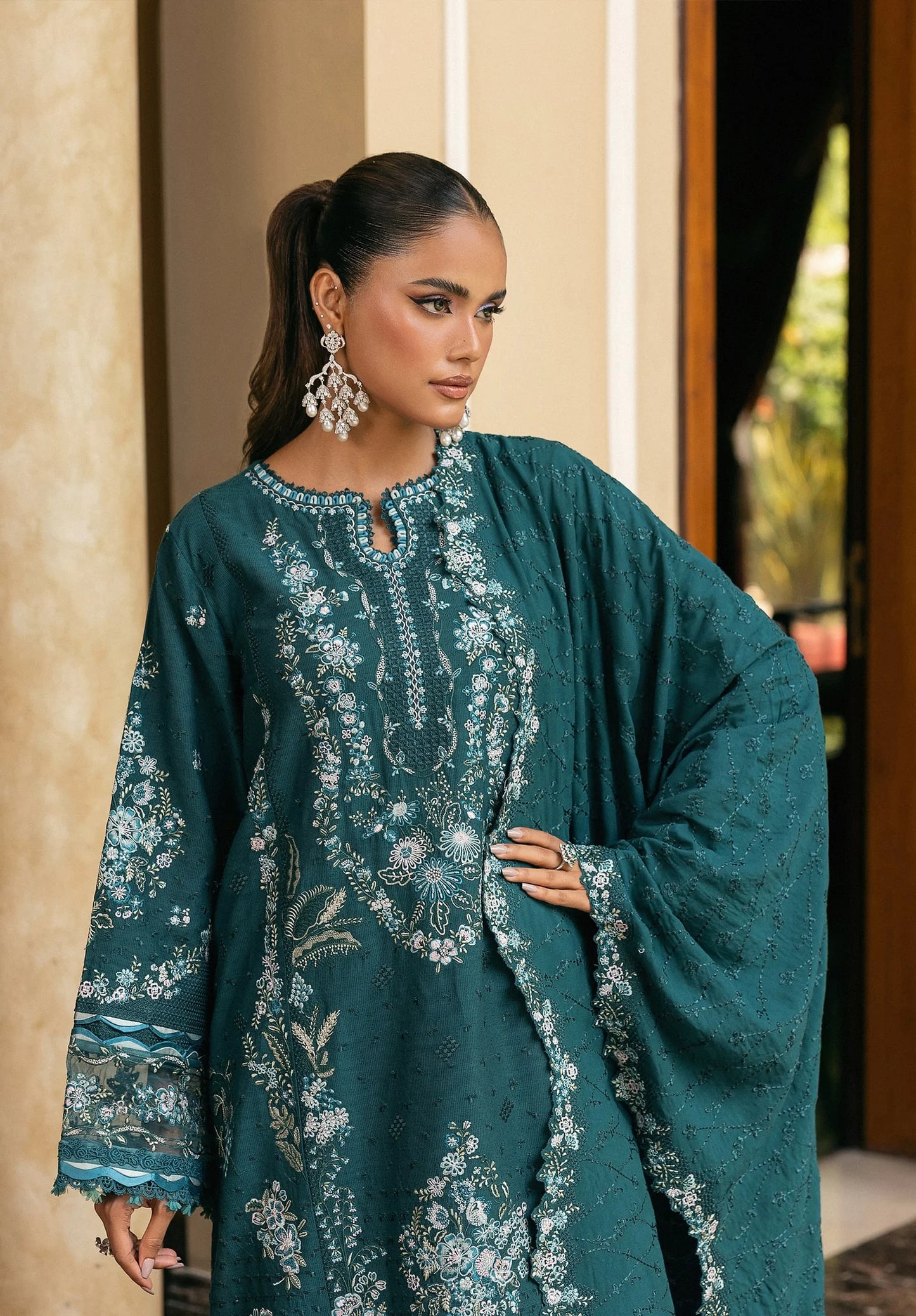 Close up image of FIORENNE
 EMBROIDERED SHAWL.