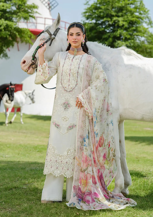 WHITE EMPRESS EMBROIDERED LAWN LASERWORK FRONT CENTER PANEL and DIGITAL PRINTED CHIFFON DUPATTA from elaf LUXURY LAWN 2025 VOL 2