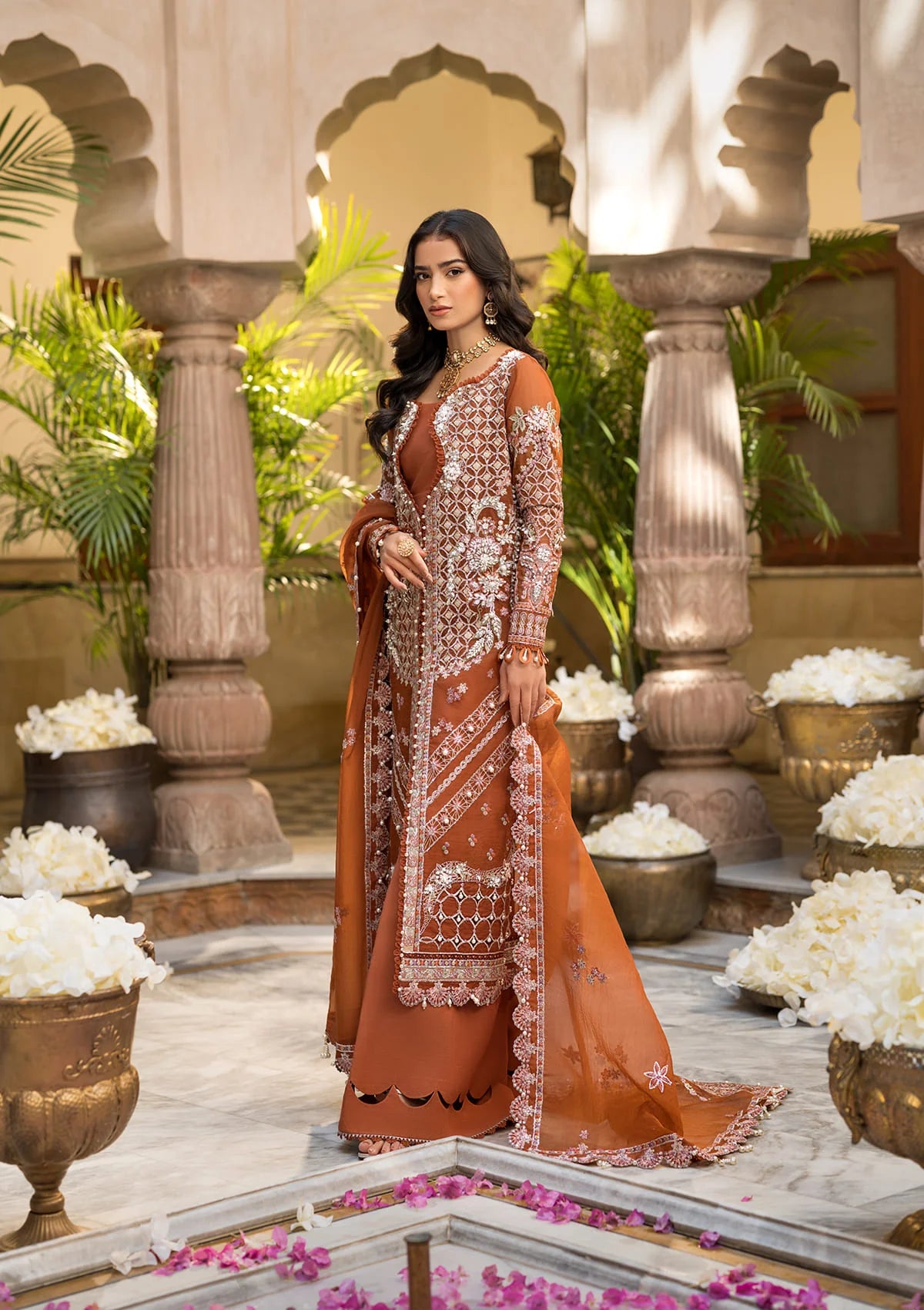 SHAHANA in elegent rust color showing Embroidered Organza Hand Embellished Front Yock