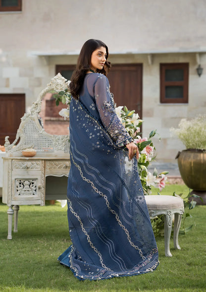 beautiful Embroidered Organza Back Yock in navy blue color.