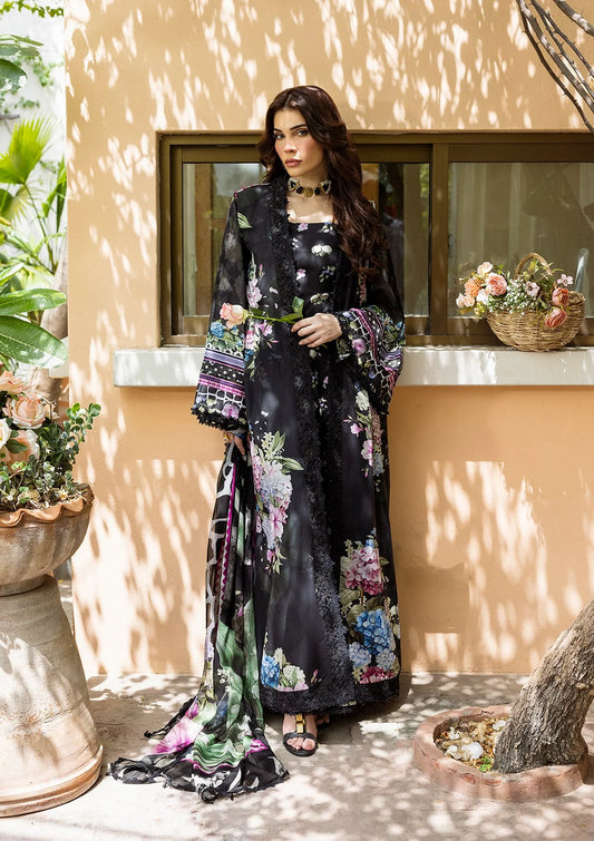 MIDNIGHT BLOOM DIGITAL PRINTED LAWN FRONT AND DIGITAL PRINTED CHIFFON DUPATTA FROM ELAF PRINTS WITH CHIFFON DUPATTA COLLECTION 2025.